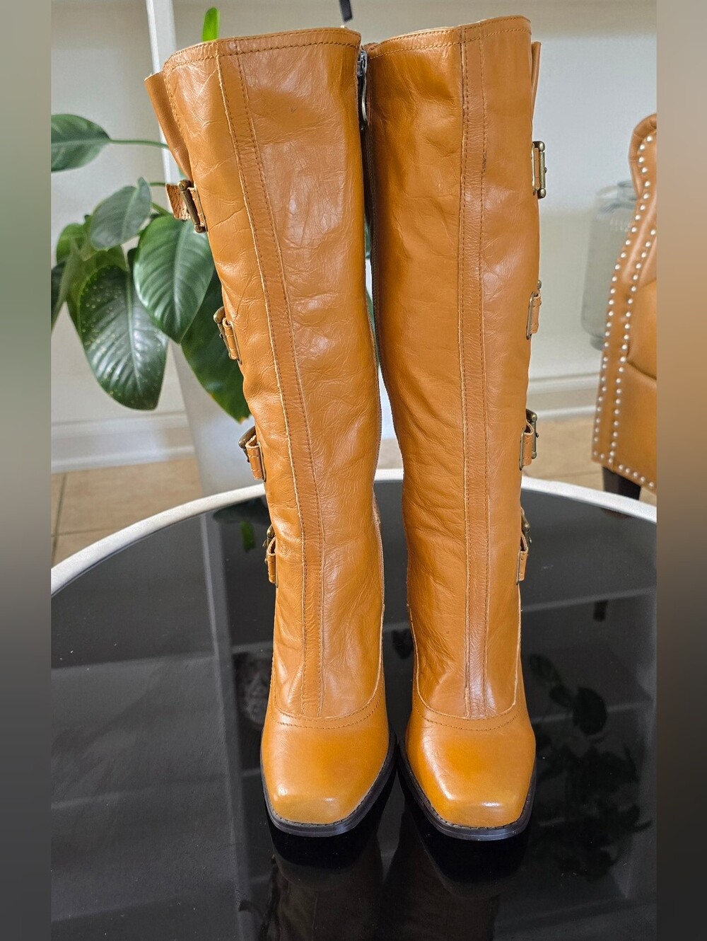 Two Lips Vintage Y2K Tan Leather Knee High Boots Buckles High Heel Womens 7.5